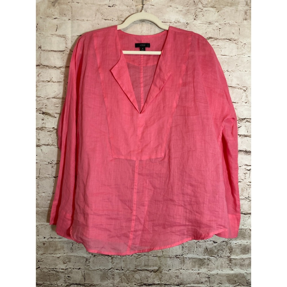 J. Crew Ramie Tunic Top Womens Medium Bright Pink Lightweight Beachy Semi Sheer